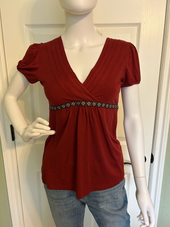LOFT Tops - LOFT Deep Red V-Neck Empire Waist Short Sleeve Top with Embroidered Band